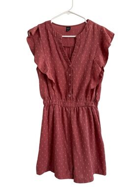 Dusty Rose Swiss Dot Flutter Sleeveless Button Down V Neck Romper